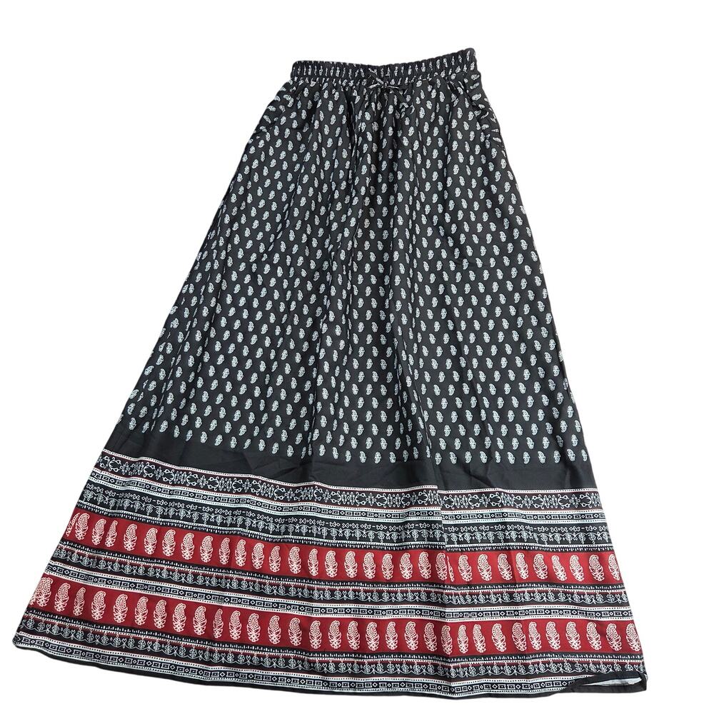 Womens Small Paisley Maxi Skirt Black Red Rayon Elastic Waist Pockets Unbranded